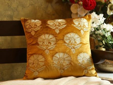 Mustard Design Embroidered Velvet Cushion Cover | 18 x 18 inches Discount