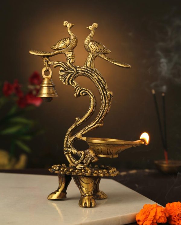 Two Peacock Bell Brass Lamp Diya | 4 x 7 x 11 inches Online now