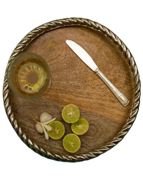 Metal Round Rope Wooden Tray | 11 inches Sale