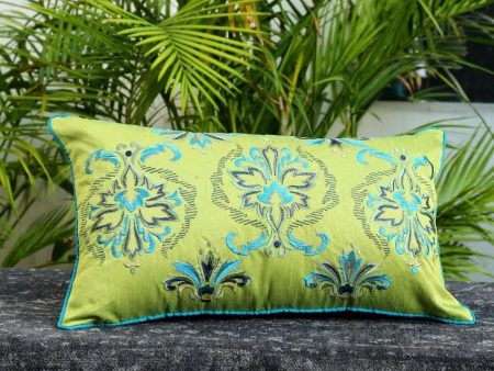 Green Embroidered Polyester Cushion Cover | 12 x 20 inches For Sale