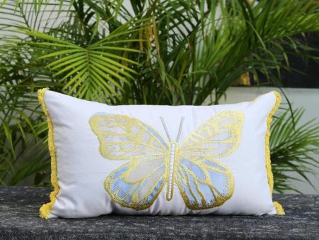 Embroidery Butterfly Applique White Cushion Cover | 12 x 20 inches Hot on Sale