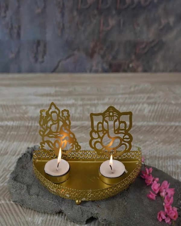 Lakshmi Ganesh Iron Tealight Candle Holder | 7 x 3 inches For Sale