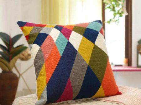 Beautiful Color Block Design Embroidered Cushion Cover  | 18 x 18 inches For Cheap