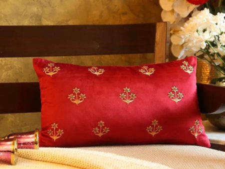 Burgundy Embroidered Velvet Rectangle Cushion Cover | 12 x 20 inches Online Hot Sale