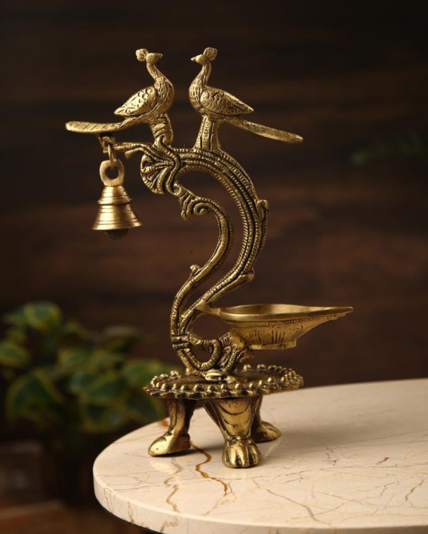 Two Peacock Bell Brass Lamp Diya | 4 x 7 x 11 inches Online now