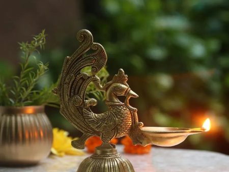 Round Base Brass Peacock Lamp Diya | 7 x 3 x 8 inches For Sale