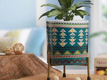 Green Cylindrical Meena Metal Pot with Stand For Cheap