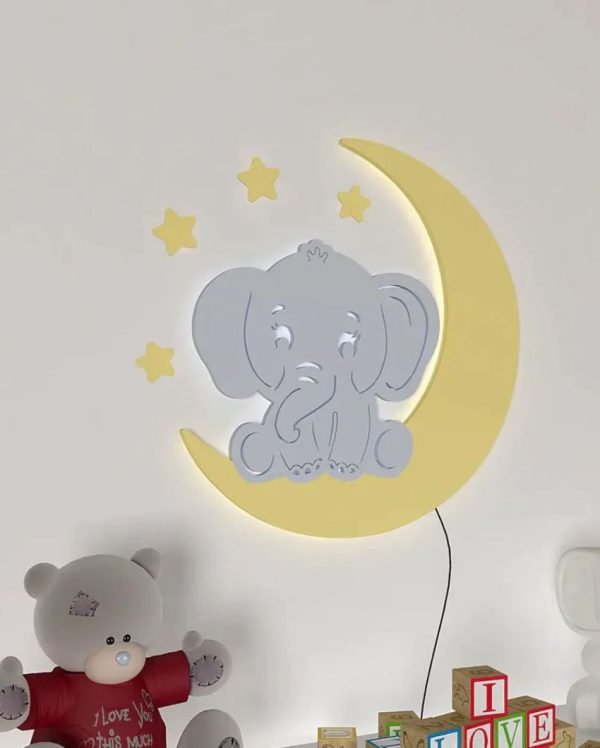 Baby Elephant On Moon Wooden Wall Mounted Backlit For Kids Room Decor | 24 x 21 inches Online