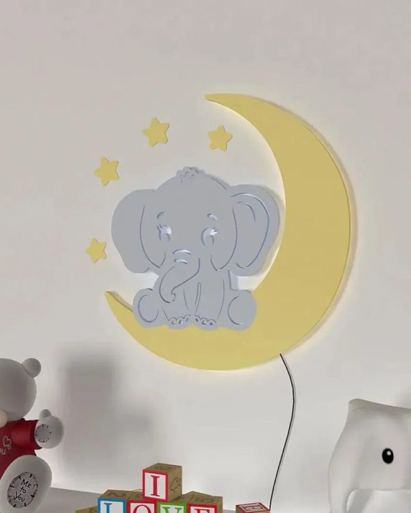 Baby Elephant On Moon Wooden Wall Mounted Backlit For Kids Room Decor | 24 x 21 inches Online