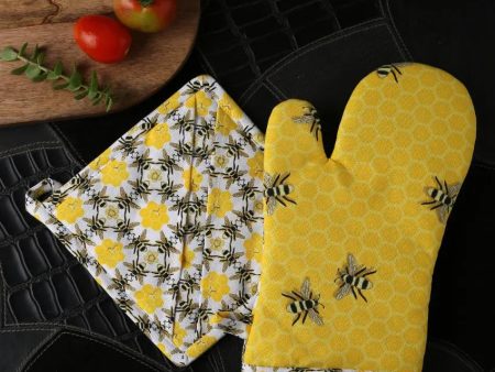 Bee Pattern Pot Holder Glove Apron & Kitchen Napkins Set Discount