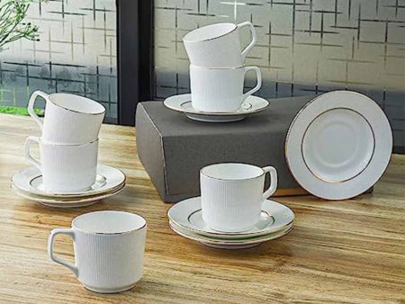 Ceramic Golden Line Vertical Bar White Tea Cups With Saucers | Set Of 6 | 200 ml For Discount