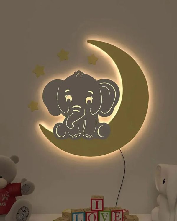 Baby Elephant On Moon Wooden Wall Mounted Backlit For Kids Room Decor | 24 x 21 inches Online