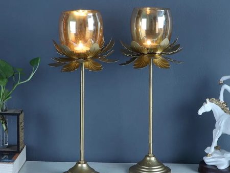 Floral Detachable Glass Tealight Holders | Gold | Set Of 2 | 5 x 5 x 12 inches Supply