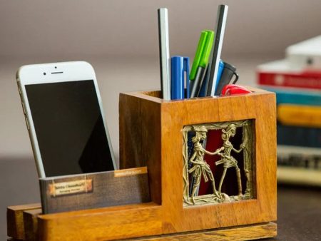 Mango Wood Pen Stand With Card & Mobile Holder Online now