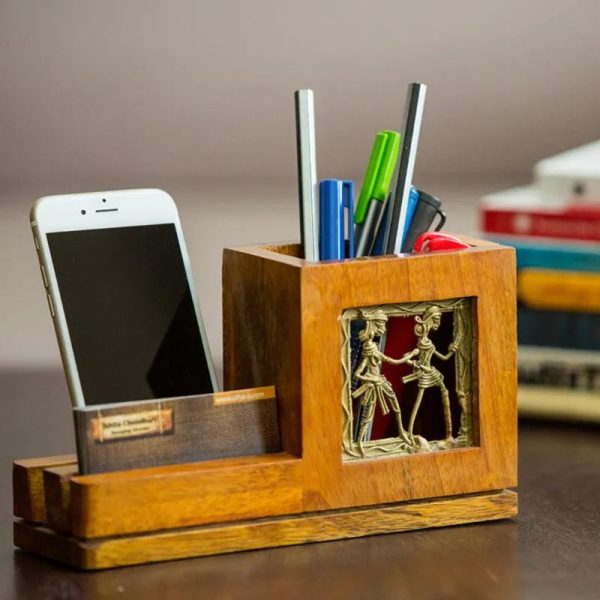 Mango Wood Pen Stand With Card & Mobile Holder Online now