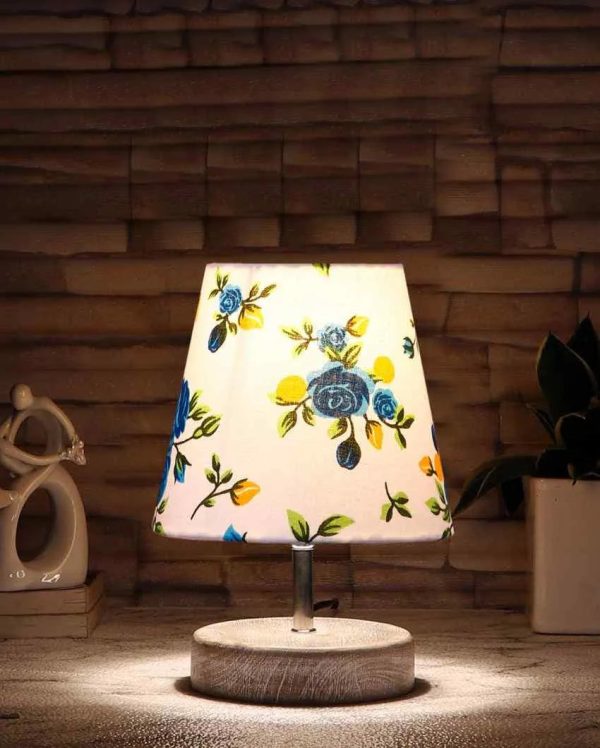 Blossoming Print Cotton Round White Brushed Wood Table Lamp | 6 x 8 inches Sale