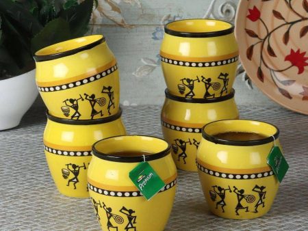 Yellow Verli Printed Ceramic Kullar | Set Of 6 Online