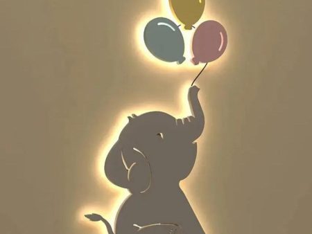 Baby Elephant Playing With Balloon Wooden Backlit For Kids Room Decor | 13.5 x 24 inches Online now