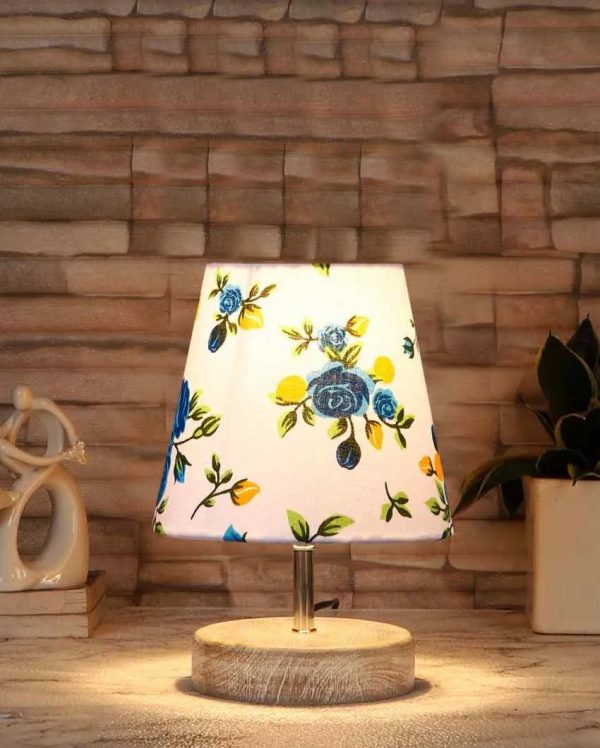 Blossoming Print Cotton Round White Brushed Wood Table Lamp | 6 x 8 inches Sale