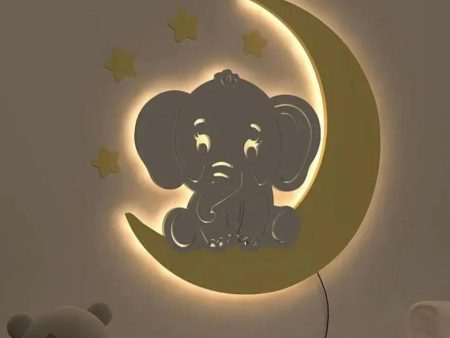 Baby Elephant On Moon Wooden Wall Mounted Backlit For Kids Room Decor | 24 x 21 inches Online