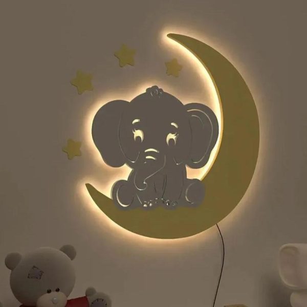 Baby Elephant On Moon Wooden Wall Mounted Backlit For Kids Room Decor | 24 x 21 inches Online